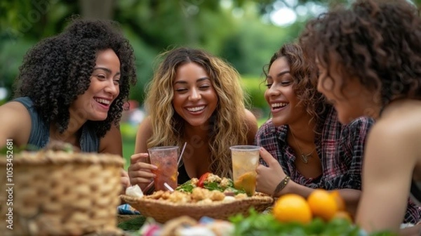 Fototapeta Group of friends enjoying picnic with refreshments and laughter in a park setting