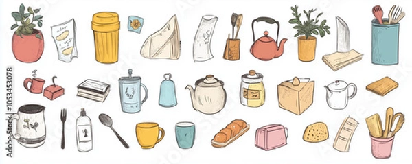 Fototapeta Vector set, sketch line frames, doodle style, daily objects, lightly colored