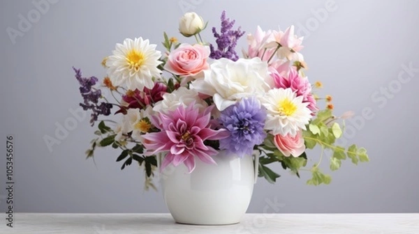 Fototapeta composition of a mixed bouquet featuring red, yellow, and white roses, artfully arranged among fresh greenery.