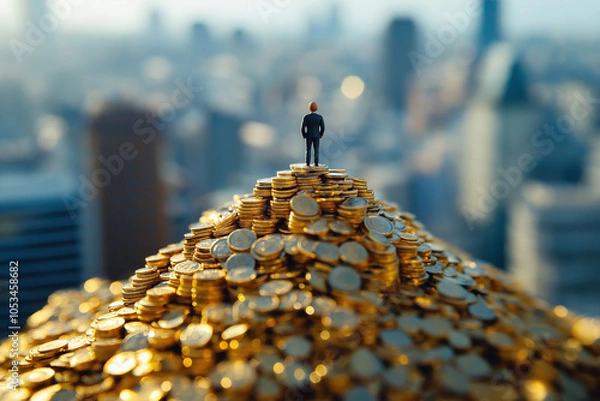 Fototapeta A small figure stands atop a mountain composed entirely of gold coins, overlooking the cityscape of Tokyo