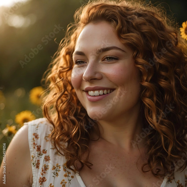 Fototapeta Nature Portrait Of A Joyful Plus-size Woman With Curly Auburn Hair Smiling In A Wildflower Field 