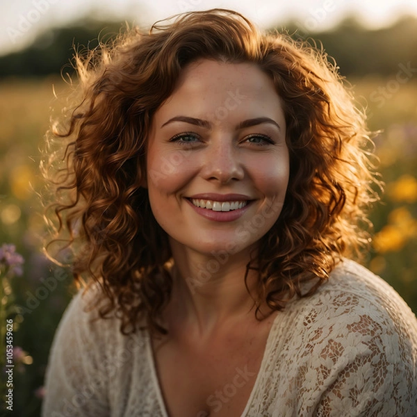 Fototapeta Nature Portrait Of A Joyful Plus-size Woman With Curly Auburn Hair Smiling In A Wildflower Field 