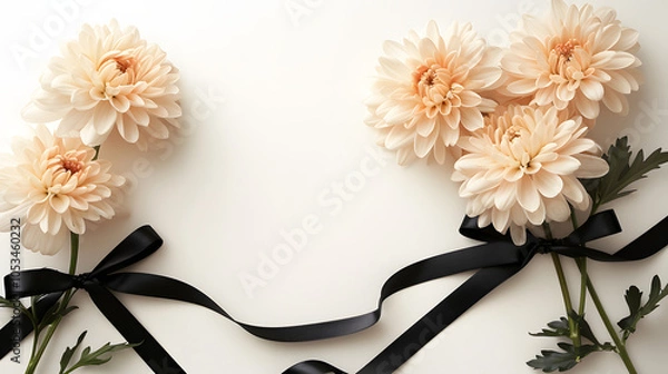 Fototapeta beautiful chrysanthemum flowers and black ribbon on white background, condolence card with copy space for text