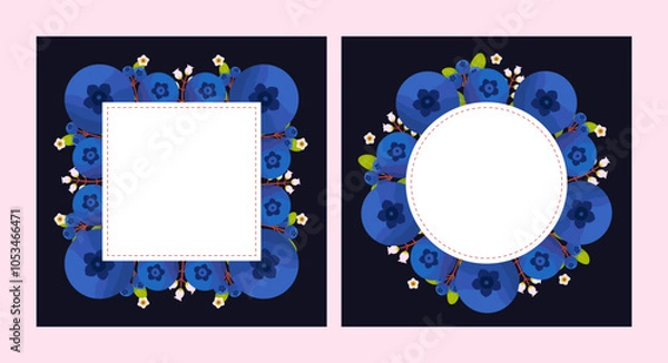 Fototapeta Square and circle size of blueberry flowers greeting card and invitation template for wedding or birthday anniversary, Vector shape of text box label and frame