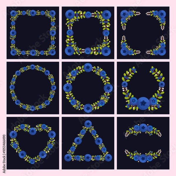 Fototapeta Vector shape of blueberry flowers frame, Floral border box label of wreath with branch and leaves