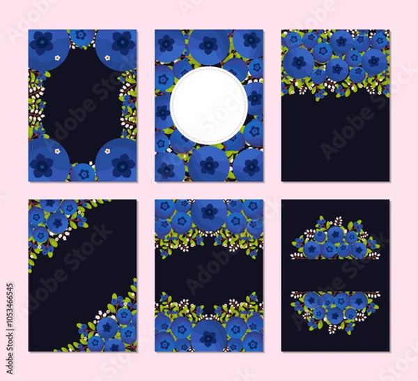 Fototapeta Common size of blueberry flowers greeting card and invitation template for wedding or birthday anniversary, Vector shape of text box label and frame