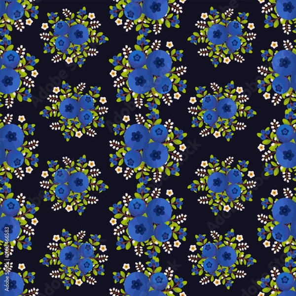 Fototapeta Blueberry flowers wreath with branch and leaves. Seamless pattern background. Floral vector artwork for apparel and fashion fabrics
