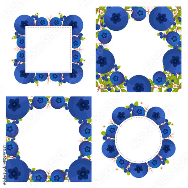 Fototapeta Square and circle of transparent blueberry flowers greeting card and invitation template for wedding or birthday anniversary, Vector shape of text box label and frame