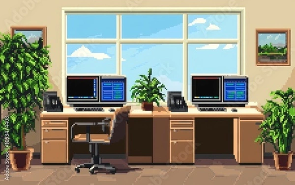 Fototapeta A modern office workspace featuring two computer stations, plants, and a scenic window view.