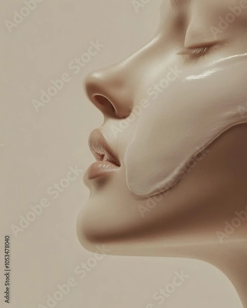 Obraz  face with a smooth layer of cream applied on the cheek, plain background, warm natural lighting