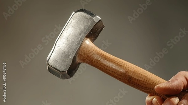 Fototapeta close up of hand holding sturdy hammer with wooden handle and metal head, ideal for heavy duty tasks. image highlights tools durability and craftsmanship