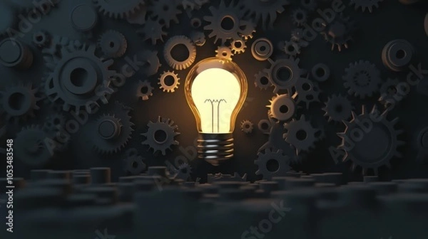Fototapeta Illuminating innovation a light bulb surrounded by gears representing ideas and technology