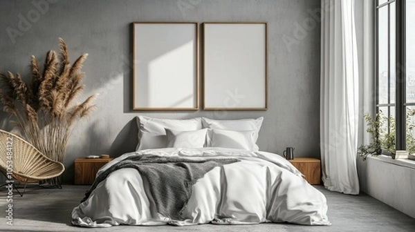 Fototapeta Scandinavian bedroom with an empty frame set.