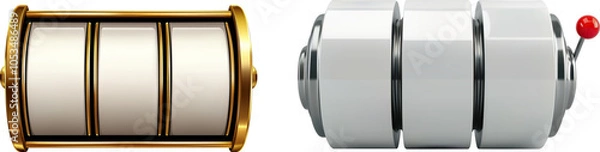Fototapeta A detailed 3D vector illustration of slot machine reels, one with a golden frame and the other with a metallic finish and a red lever. Ideal for use in casino, gaming, or gambling-themed projects.