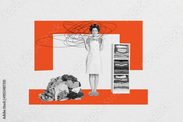 Fototapeta Composite trend collage of monochrome housewife pinup style hairdo young lady stand room pile dirty clothes laundry mess depression tired
