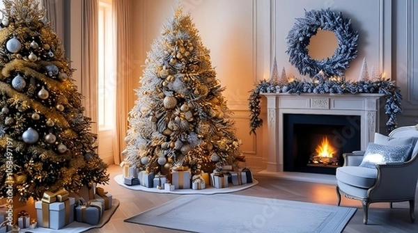 Fototapeta Elegant Christmas scene with a decorated tree in gold and silver, soft warm lights, cozy fireplace, and refined holiday decor in a luxurious room setting