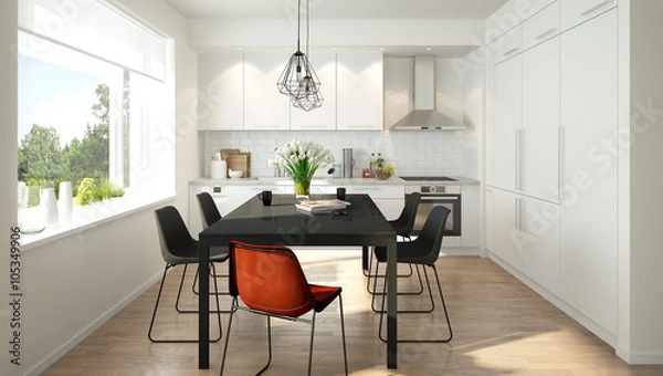 Obraz 3D rendering of a modern light colored kitchen