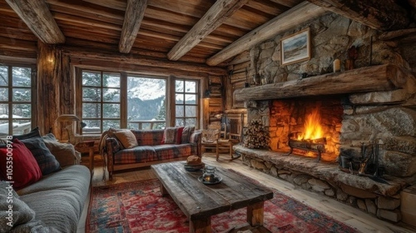 Fototapeta Rustic cabin with a stone fireplace and wooden beams.