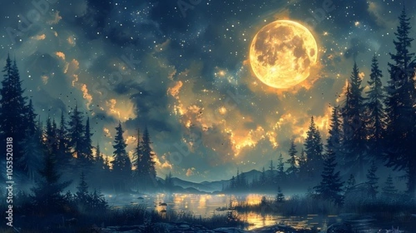 Fototapeta Starry forest clearing illustrate a peaceful. AI generated