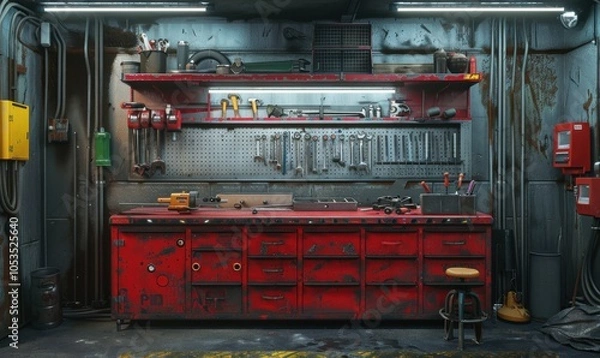 Fototapeta Toolbox in the garage, 4K hyperrealistic photo