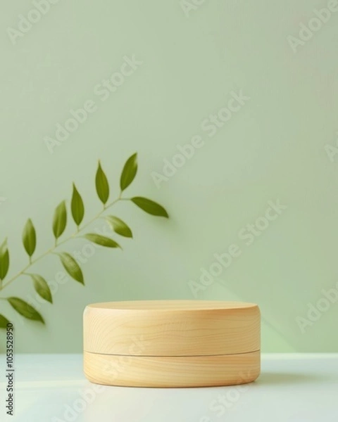 Fototapeta Natural wood round pedestal set against a soft green background, accented with fresh green leaves. Ideal for eco-friendly, nature-inspired product displays with a calm aesthetic.