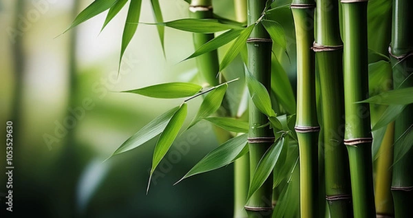 Fototapeta Bamboo stems with leaves, against the background of a bamboo forest.