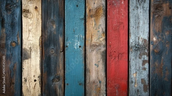 Fototapeta Weathered wooden planks with aged paint