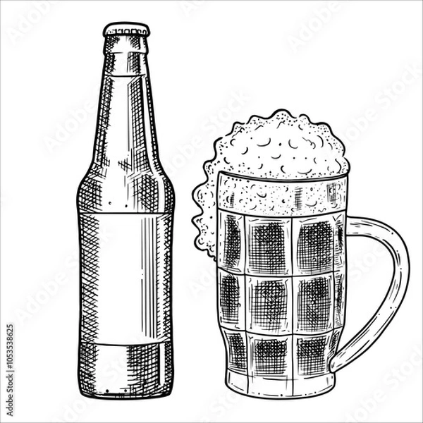 Obraz Hand draw bottle and mug with beer. Vector illustration