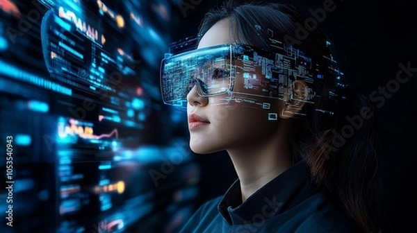 Fototapeta Young woman using augmented reality headset with digital data overlay, exploring future technology and immersive experience. Innovation, virtual interaction, and advanced tech in digital world for AI 