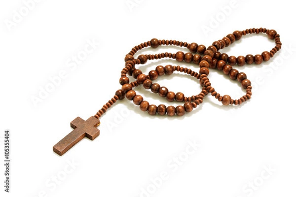 Fototapeta rosary beads with cross made of brown wood isolated on white 