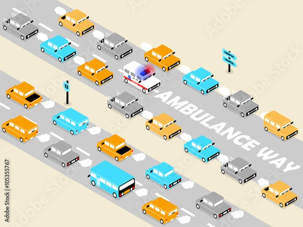 Fototapeta beautiful isometric design of ambulance on the traffic,ambulance on the road concept,ambulance way