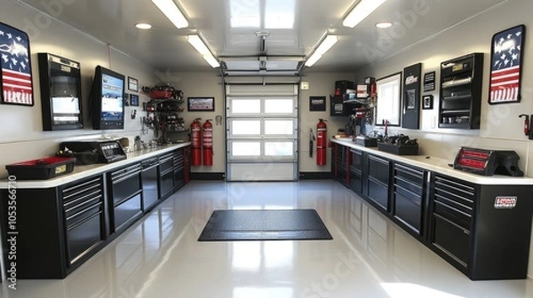 Fototapeta A Well-Organized Garage with Black Tool Cabinets, a Garage Door, and a Shiny Floor