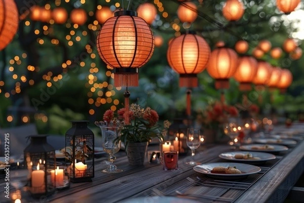 Fototapeta vibrant outdoor garden party with string lights, colorful lanterns, and guests enjoying drinks