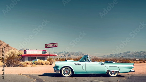 Fototapeta Nostalgic Road Trip with Thunderbird, Route 66 Motel, and Desert Mountains