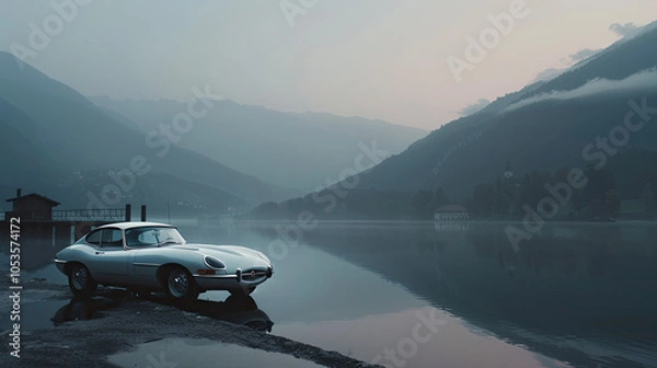 Obraz Iconic 1960s Jaguar E-Type by a Misty Mountain Lake in Luxurious Dawn Light