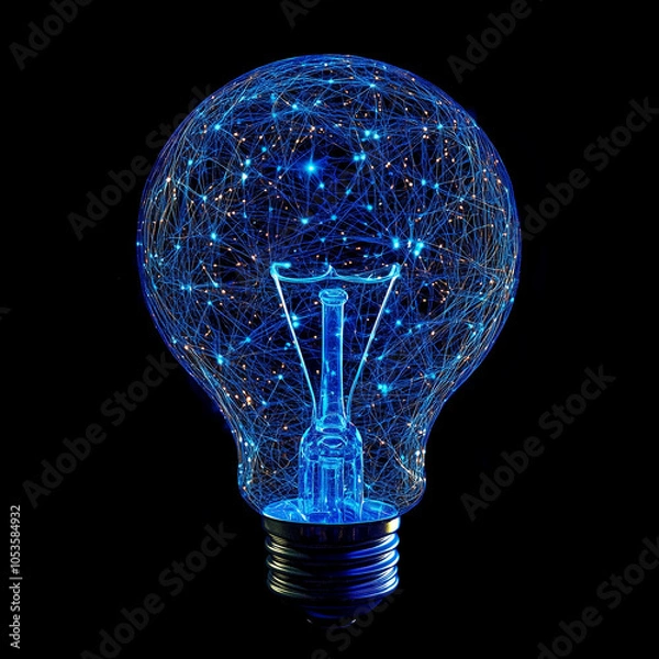 Fototapeta A glowing light bulb filled with blue, intricate network lines representing connections, innovation, and technology in a modern, futuristic style.