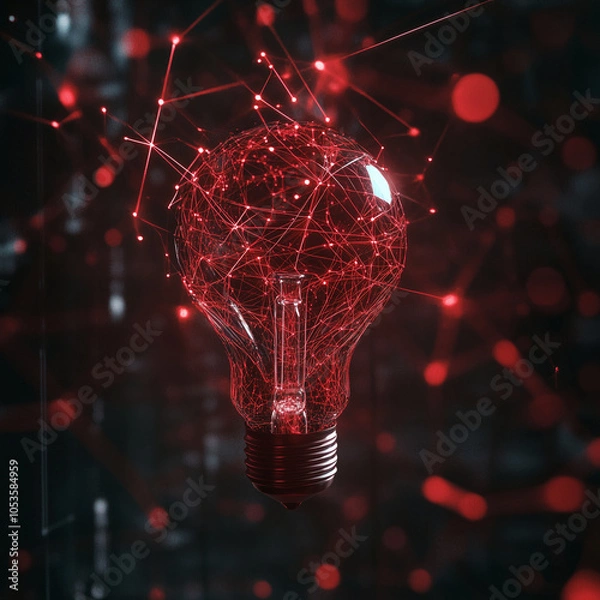 Fototapeta This depiction highlights a red light bulb filled with vibrant network lines, expressing energy, passion, and cutting-edge technology in an artistic form.