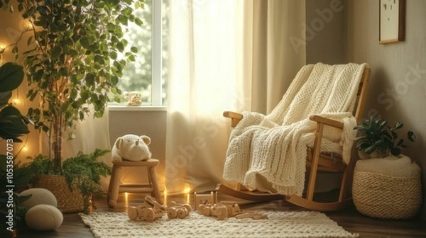 Fototapeta Cozy and comforting nursery corner featuring a rocking chair knitted blankets and wooden toys all bathed in warm gentle lighting and soft textures for a peaceful relaxing atmosphere