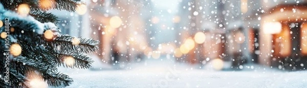 Obraz Snowy street scene with blurred lights and festive atmosphere.