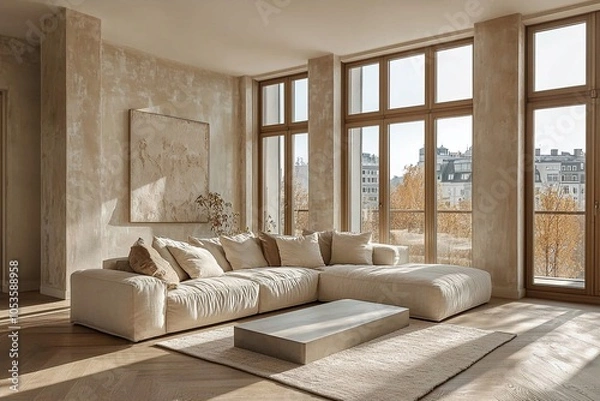 Obraz Modern Scandinavian interiors in a living room with large windows and good lighting. Generative AI
