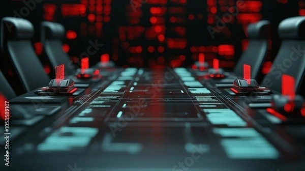 Fototapeta Futuristic conference room with high-tech interface and red led accents for strategic discussions