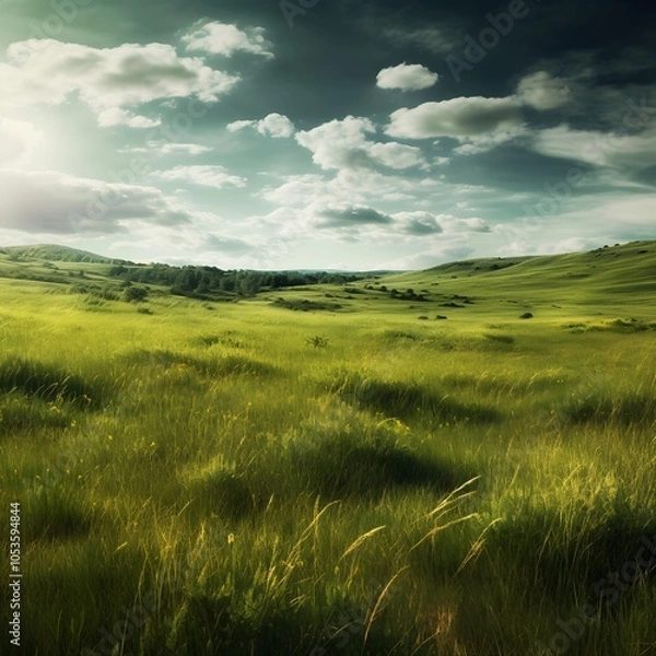 Obraz Green meadow landscape with blue sky.