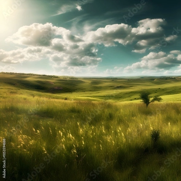 Obraz Green meadow landscape with blue sky.