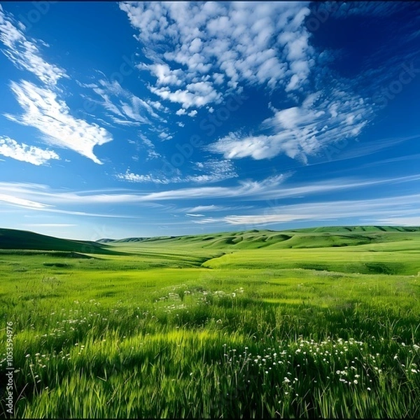 Obraz Green meadow landscape with blue sky.