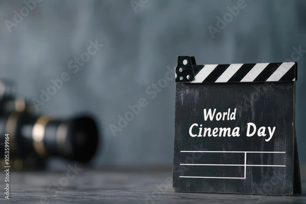 Fototapeta World Cinema Day Concept with Clapperboard and Camera on Background