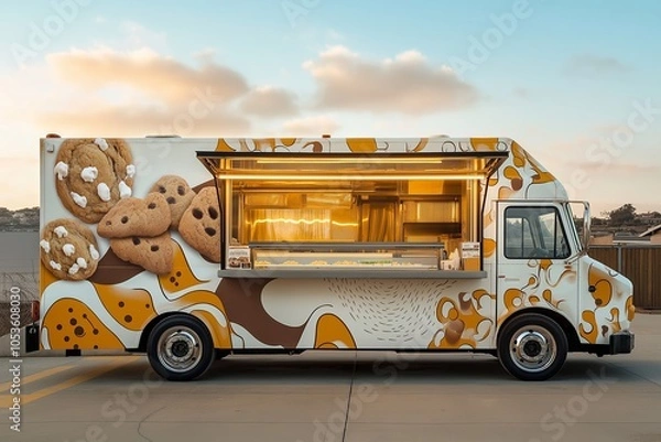 Fototapeta Colorful cookie truck serving fresh baked goods by the beach during sunset, attracting customers with its vibrant design and aroma