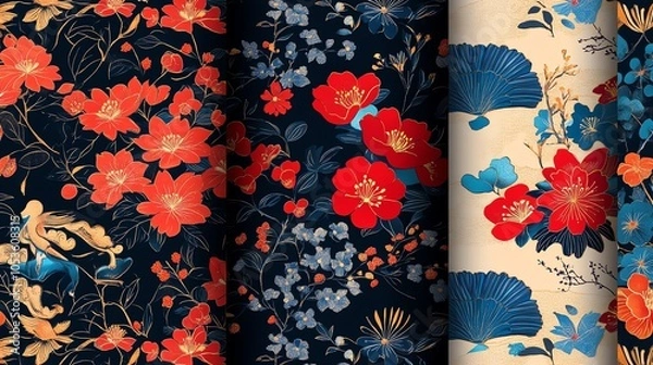 Fototapeta Three different seamless patterns inspired by Japanese and Chinese art with cherry blossoms, clouds, and a pagoda.