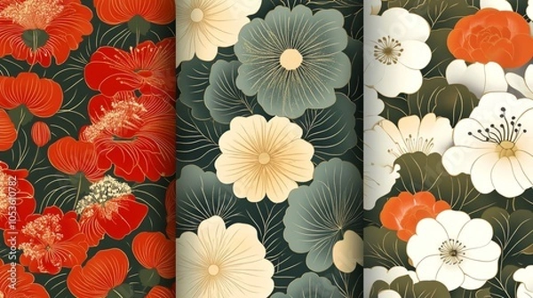 Fototapeta Three different seamless patterns inspired by Japanese and Chinese art with flowers and leaves.