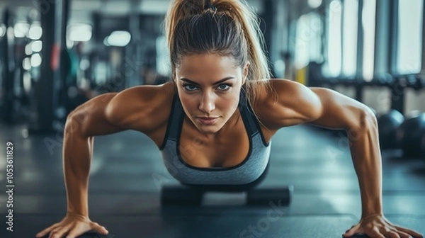 Fototapeta A woman is doing push-ups on a mat in a gym.