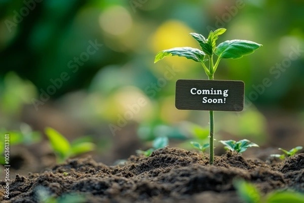Fototapeta New Beginnings: A Young Plant with a Coming Soon Sign